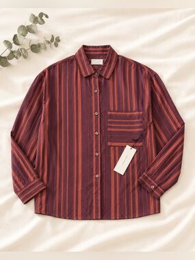 Women's Striped Button-Down Shirt in Burgundy & Rust